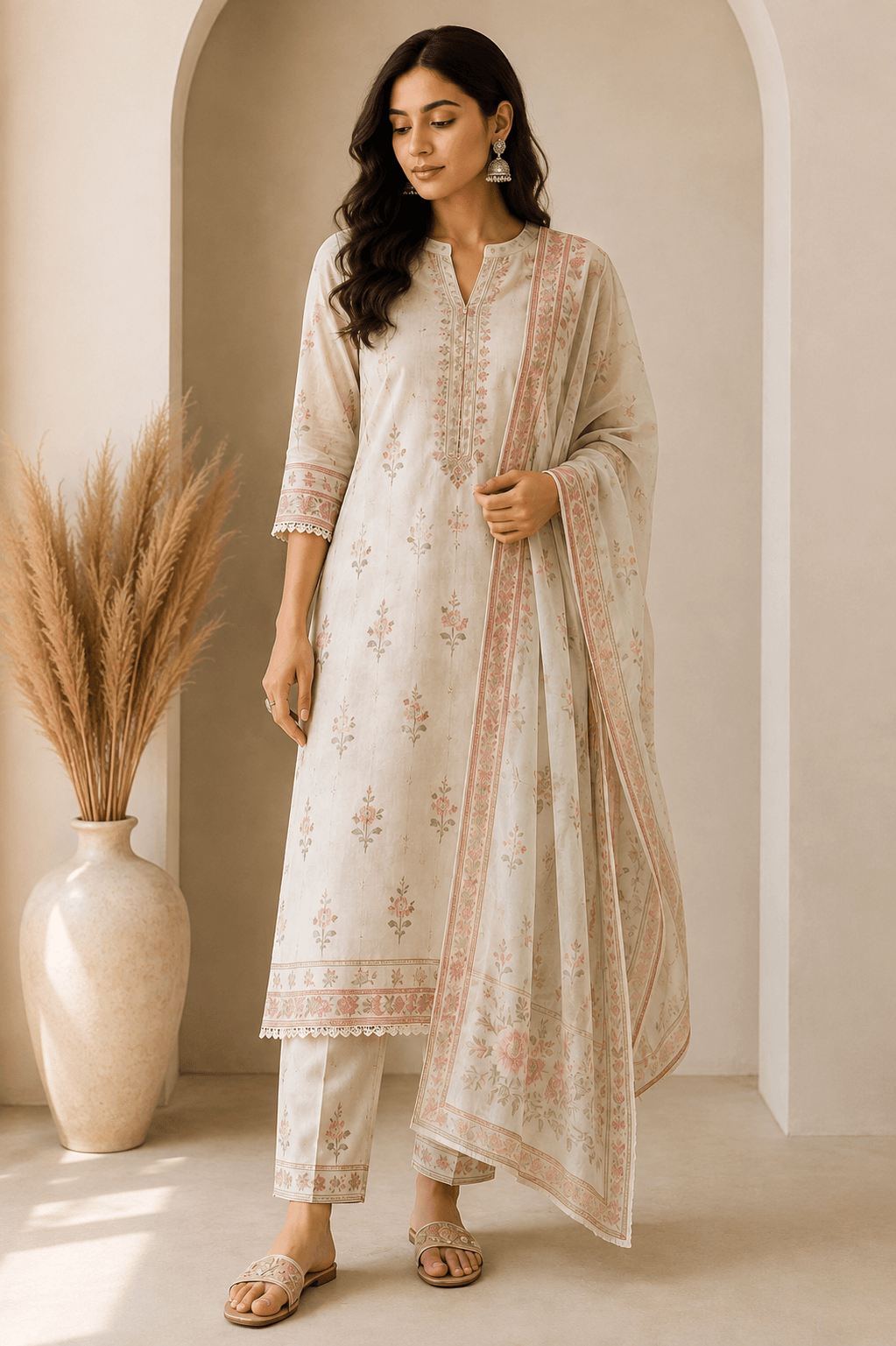Model wearing a tailored kurta set